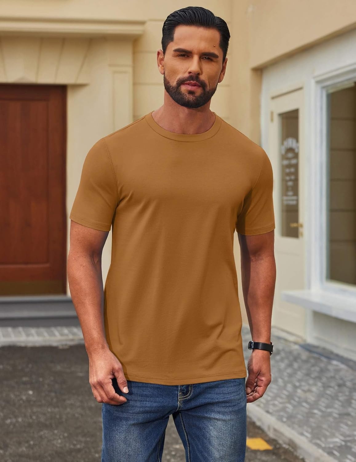 imageCOOFANDY Mens T Shirt Short Sleeve Cotton Blend TShirts Crew Neck Casual Summer Basic Tee ShirtsLight Brown