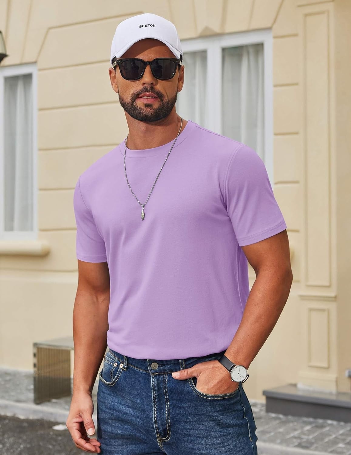 imageCOOFANDY Mens T Shirt Short Sleeve Cotton Blend TShirts Crew Neck Casual Summer Basic Tee ShirtsLight Purple