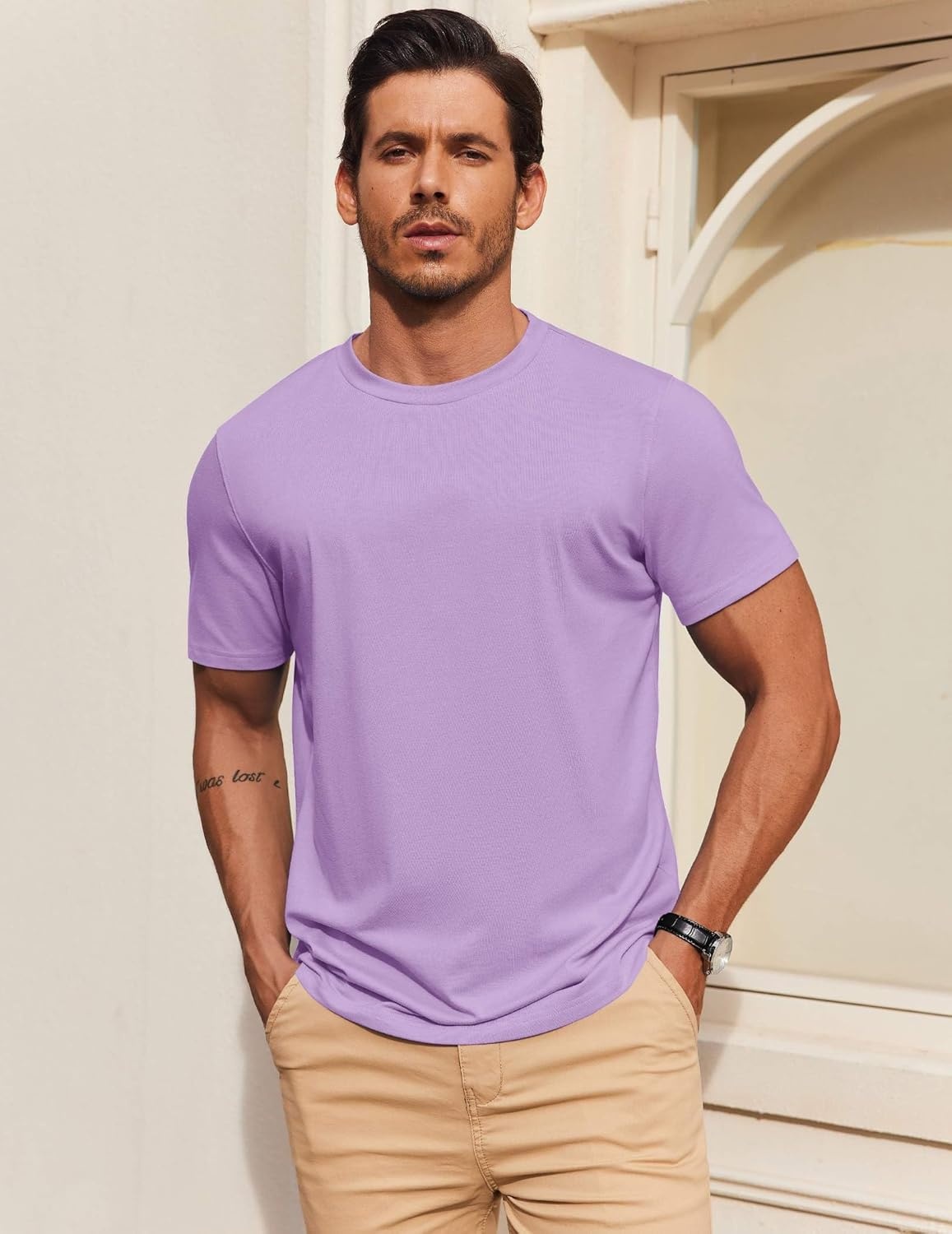 imageCOOFANDY Mens T Shirt Short Sleeve Cotton Blend TShirts Crew Neck Casual Summer Basic Tee ShirtsLight Purple