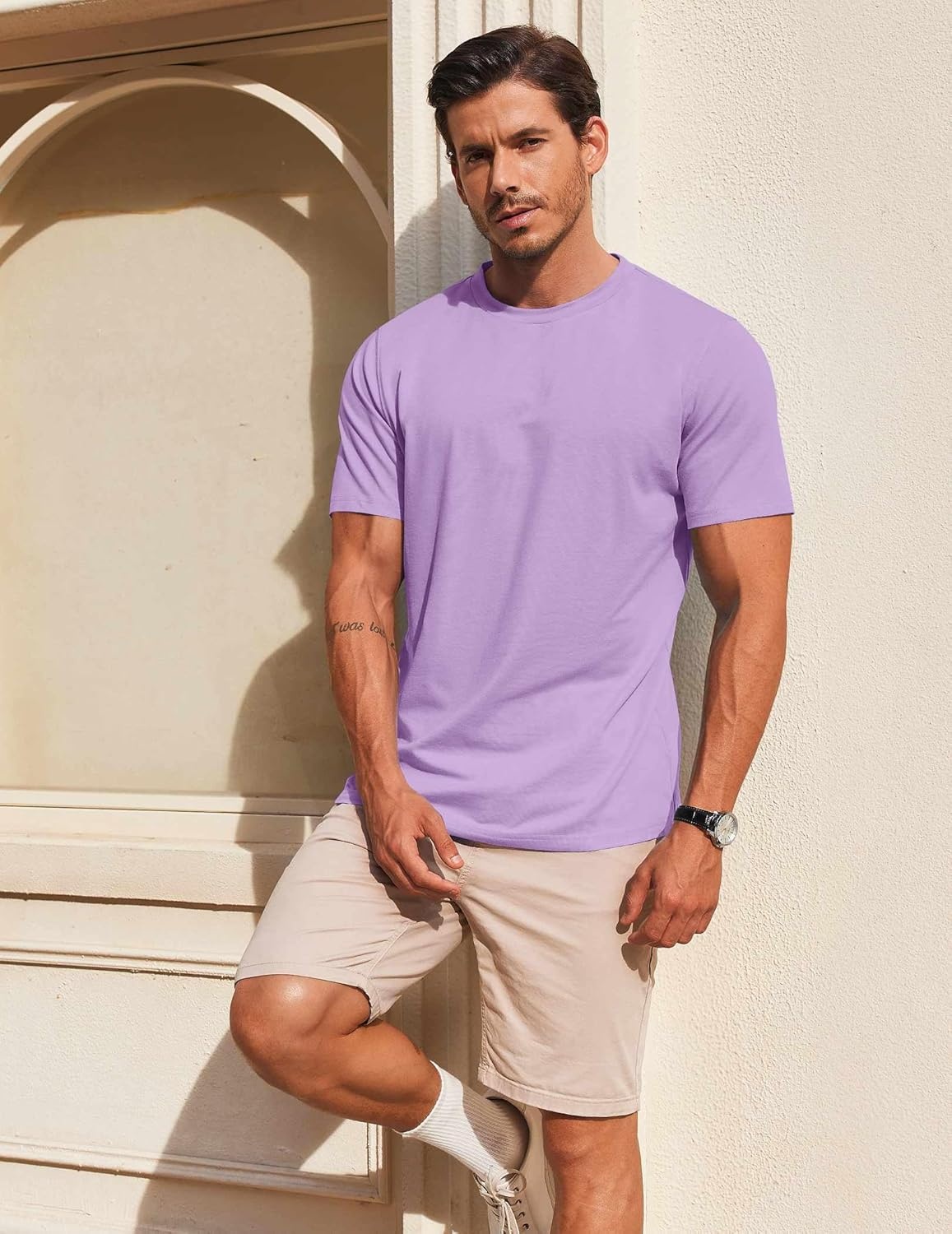 imageCOOFANDY Mens T Shirt Short Sleeve Cotton Blend TShirts Crew Neck Casual Summer Basic Tee ShirtsLight Purple
