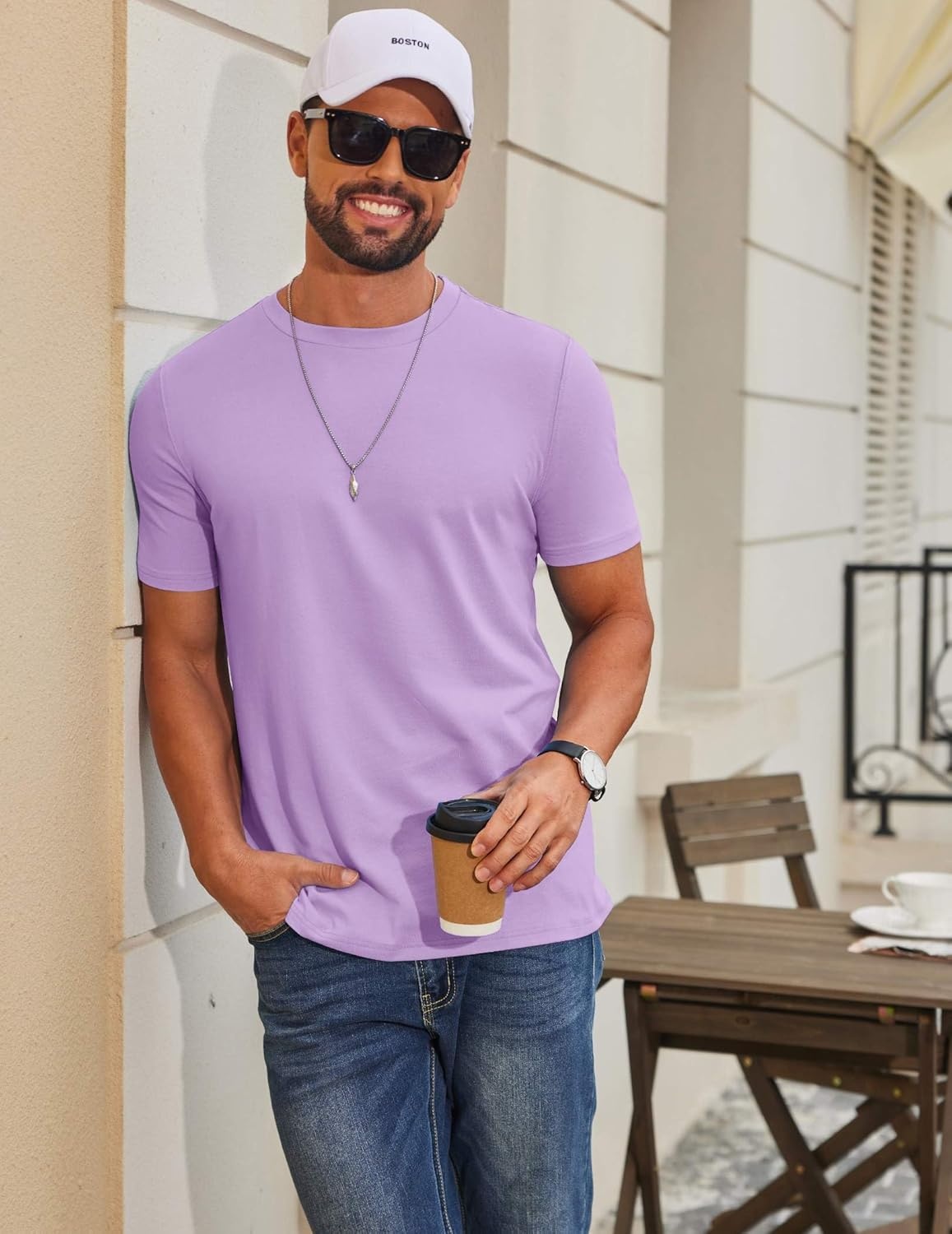 imageCOOFANDY Mens T Shirt Short Sleeve Cotton Blend TShirts Crew Neck Casual Summer Basic Tee ShirtsLight Purple