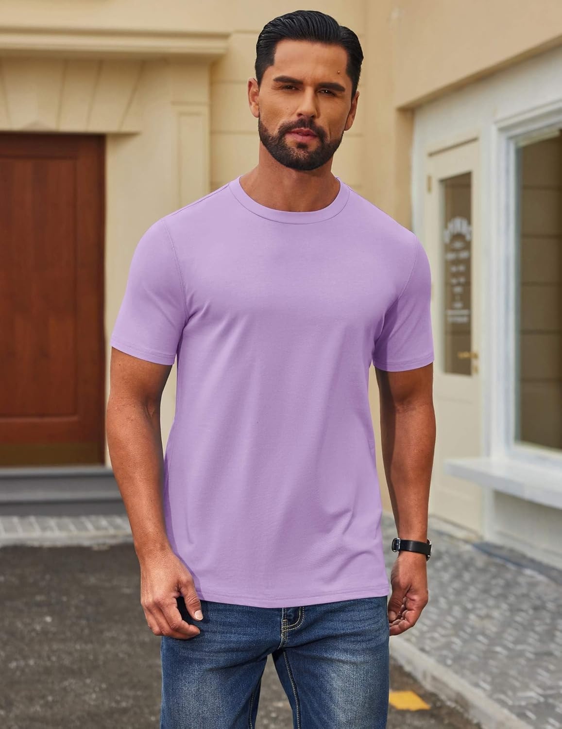 imageCOOFANDY Mens T Shirt Short Sleeve Cotton Blend TShirts Crew Neck Casual Summer Basic Tee ShirtsLight Purple
