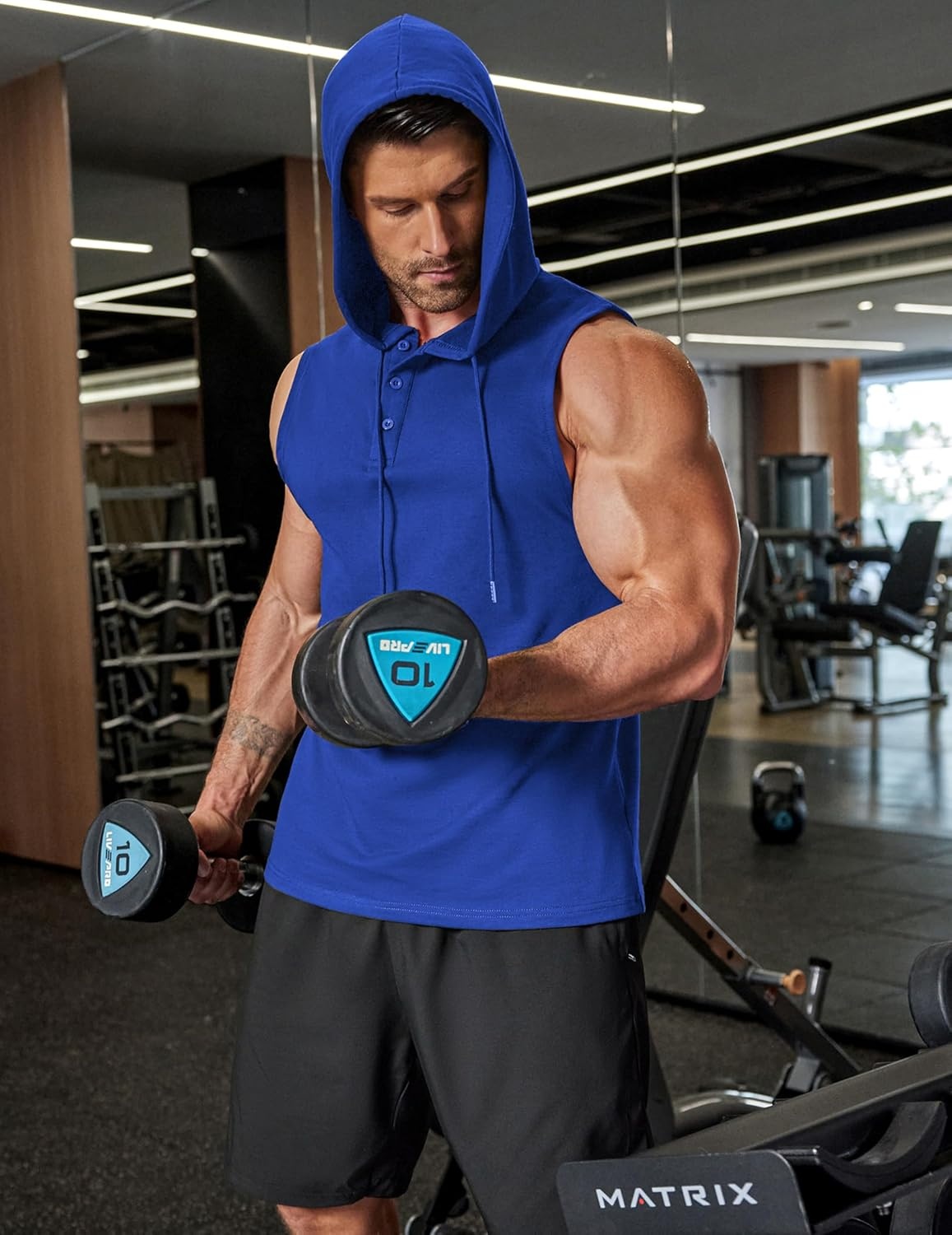 imageCOOFANDY Mens Workout Hooded Tank Tops Sleeveless Gym Hoodies Cotton Muscle Cut Off Shirt Bodybuilding Henley ShirtsRoyal Blue