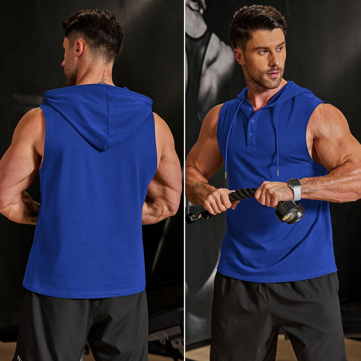 imageCOOFANDY Mens Workout Hooded Tank Tops Sleeveless Gym Hoodies Cotton Muscle Cut Off Shirt Bodybuilding Henley ShirtsRoyal Blue