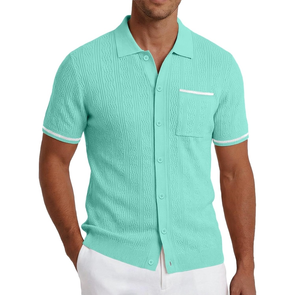 imageCOOFANDY Mens Knit Button Down Shirt 2025 Vintage Short Sleeve Polo Shirt Casual Beach TopsCeramic Green