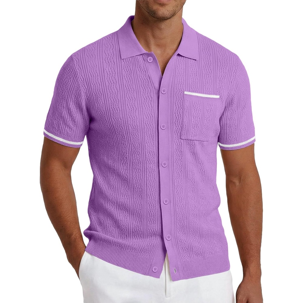 imageCOOFANDY Mens Knit Button Down Shirt 2025 Vintage Short Sleeve Polo Shirt Casual Beach TopsDark Purple