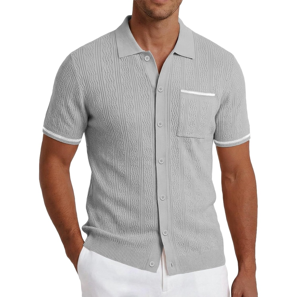 imageCOOFANDY Mens Knit Button Down Shirt 2025 Vintage Short Sleeve Polo Shirt Casual Beach TopsLight Gray