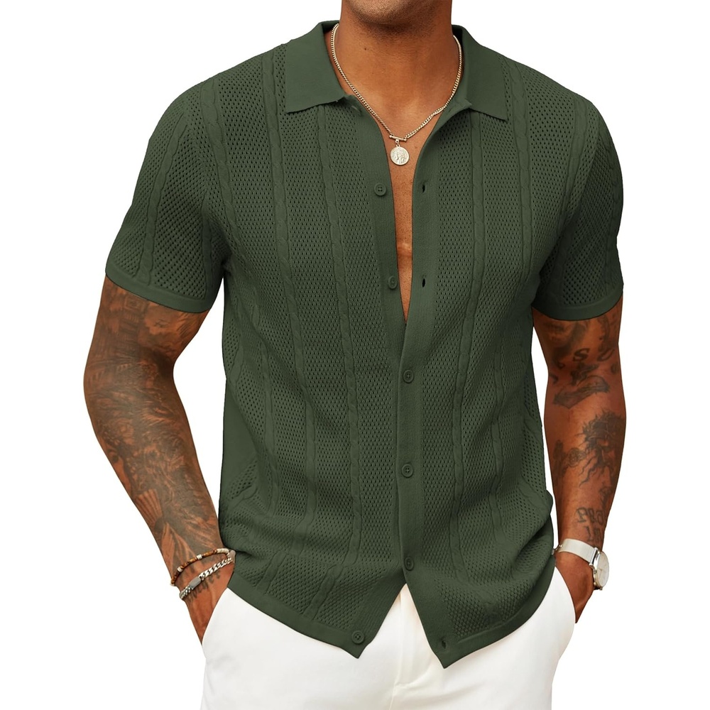 imageCOOFANDY Mens Knit Button Down Shirts Casual Textured Polo Shirt Short Sleeve Vintage Summer Beach TopsArmy Green