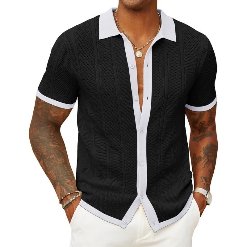 imageCOOFANDY Mens Knit Button Down Shirts Casual Textured Polo Shirt Short Sleeve Vintage Summer Beach TopsBlack White