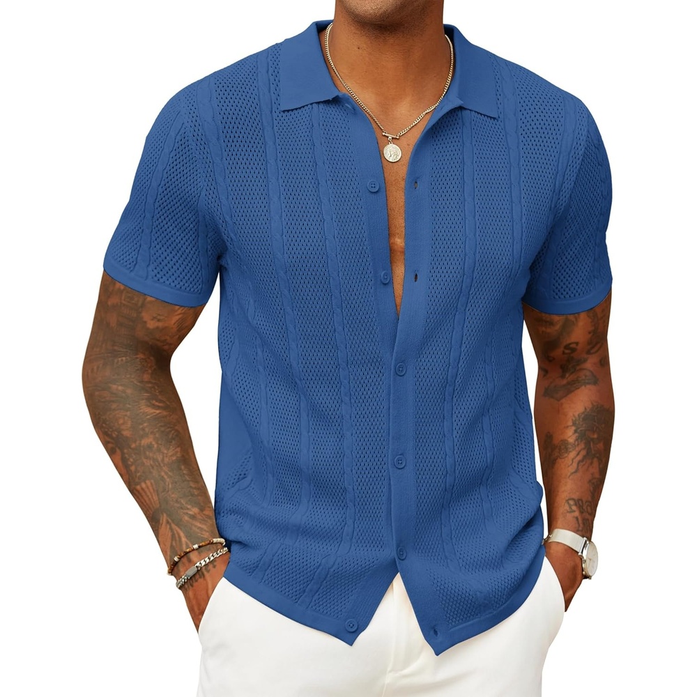 imageCOOFANDY Mens Knit Button Down Shirts Casual Textured Polo Shirt Short Sleeve Vintage Summer Beach TopsDeep Blue