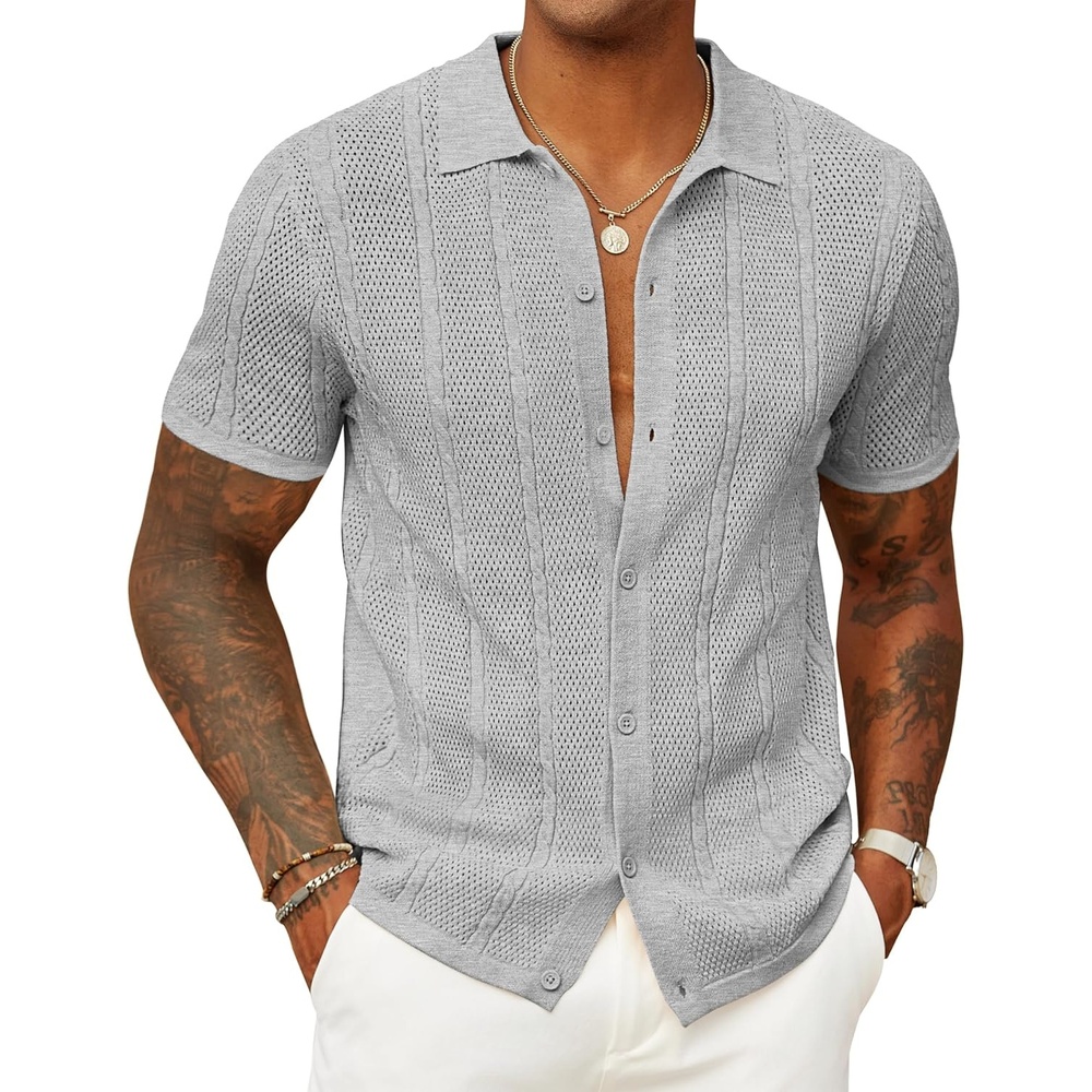 imageCOOFANDY Mens Knit Button Down Shirts Casual Textured Polo Shirt Short Sleeve Vintage Summer Beach TopsLight Grey