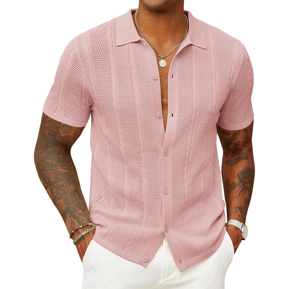 imageCOOFANDY Mens Knit Button Down Shirts Casual Textured Polo Shirt Short Sleeve Vintage Summer Beach TopsLight Pink