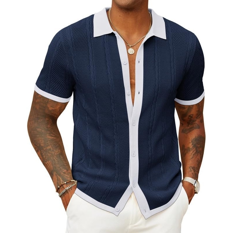 imageCOOFANDY Mens Knit Button Down Shirts Casual Textured Polo Shirt Short Sleeve Vintage Summer Beach TopsNavy White