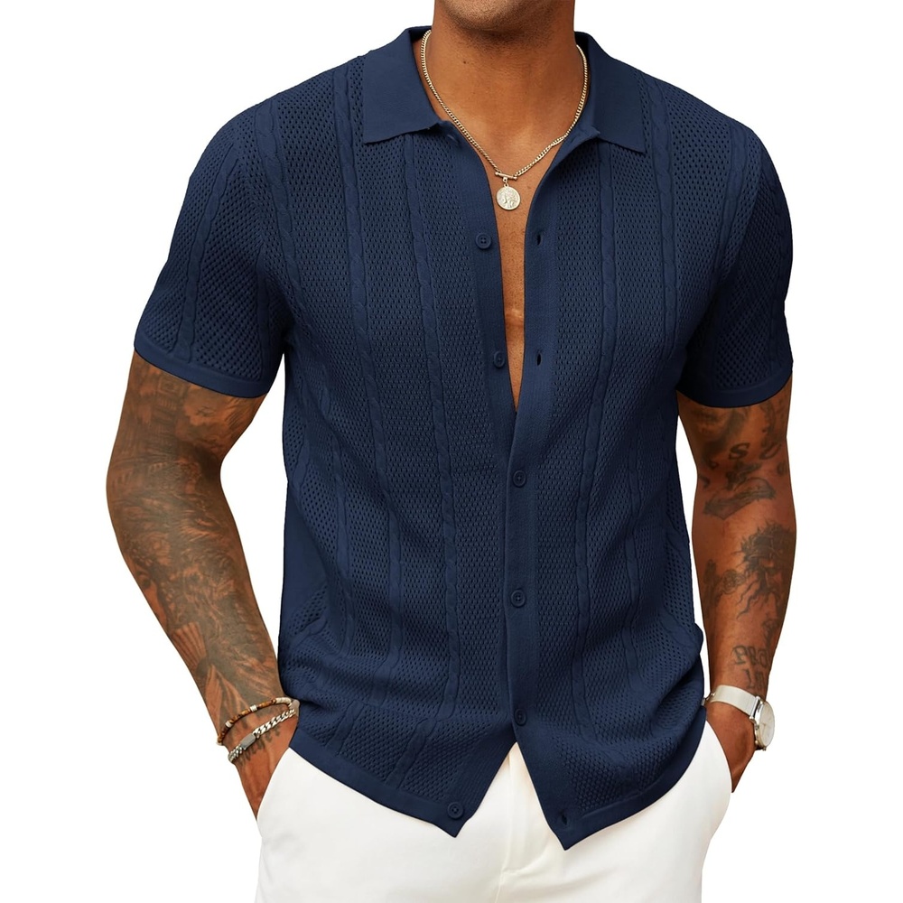imageCOOFANDY Mens Knit Button Down Shirts Casual Textured Polo Shirt Short Sleeve Vintage Summer Beach TopsNavy Blue