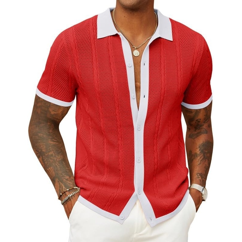 imageCOOFANDY Mens Knit Button Down Shirts Casual Textured Polo Shirt Short Sleeve Vintage Summer Beach TopsRed White