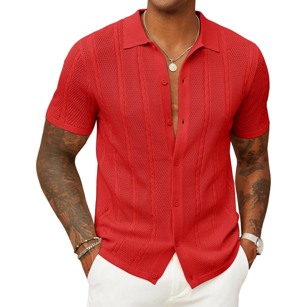 imageCOOFANDY Mens Knit Button Down Shirts Casual Textured Polo Shirt Short Sleeve Vintage Summer Beach TopsRed