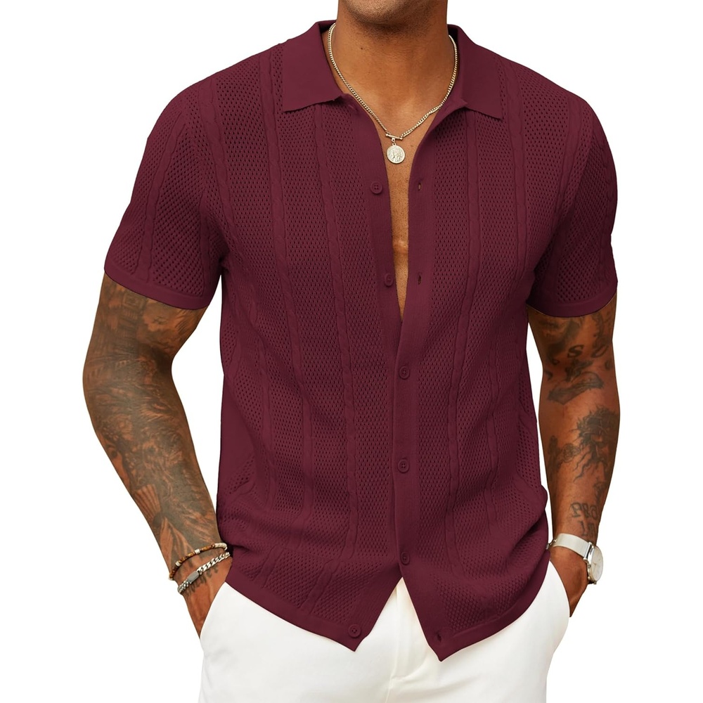 imageCOOFANDY Mens Knit Button Down Shirts Casual Textured Polo Shirt Short Sleeve Vintage Summer Beach TopsWine Red