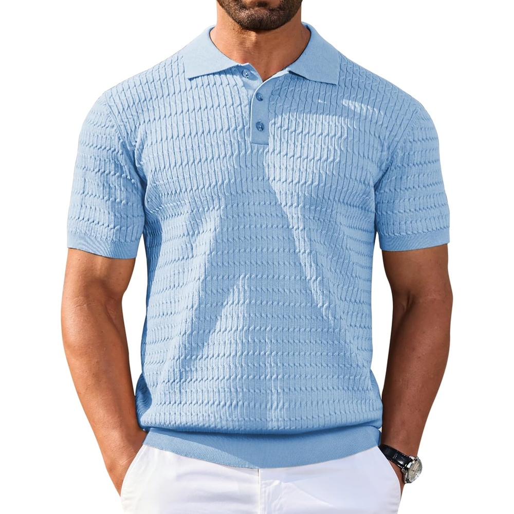 imageCOOFANDY Mens Knit Polo Shirt Short Sleeve Vintage Textured Casual Golf Shirts Summer Beach TopLight Blue