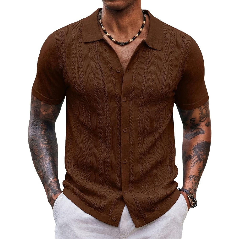 imageCOOFANDY Mens Knit Shirt Short Sleeve Button Down Shirts Vintage Casual Summer Beach ShirtsCaramel