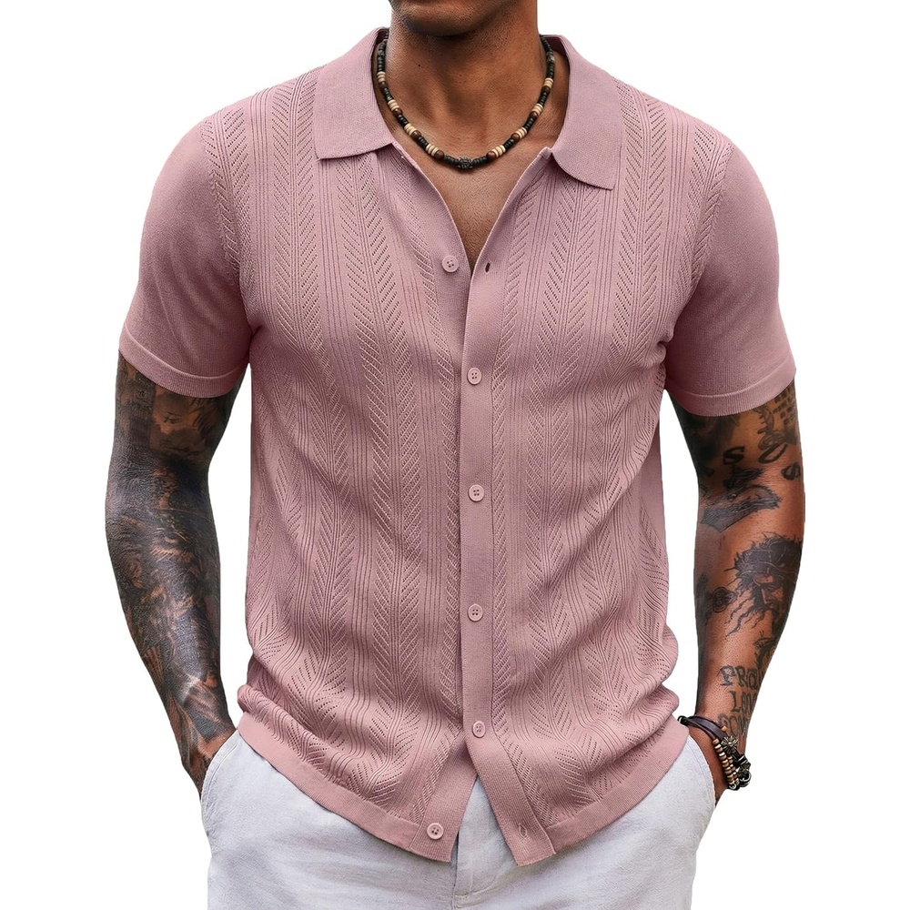 imageCOOFANDY Mens Knit Shirt Short Sleeve Button Down Shirts Vintage Casual Summer Beach ShirtsPink