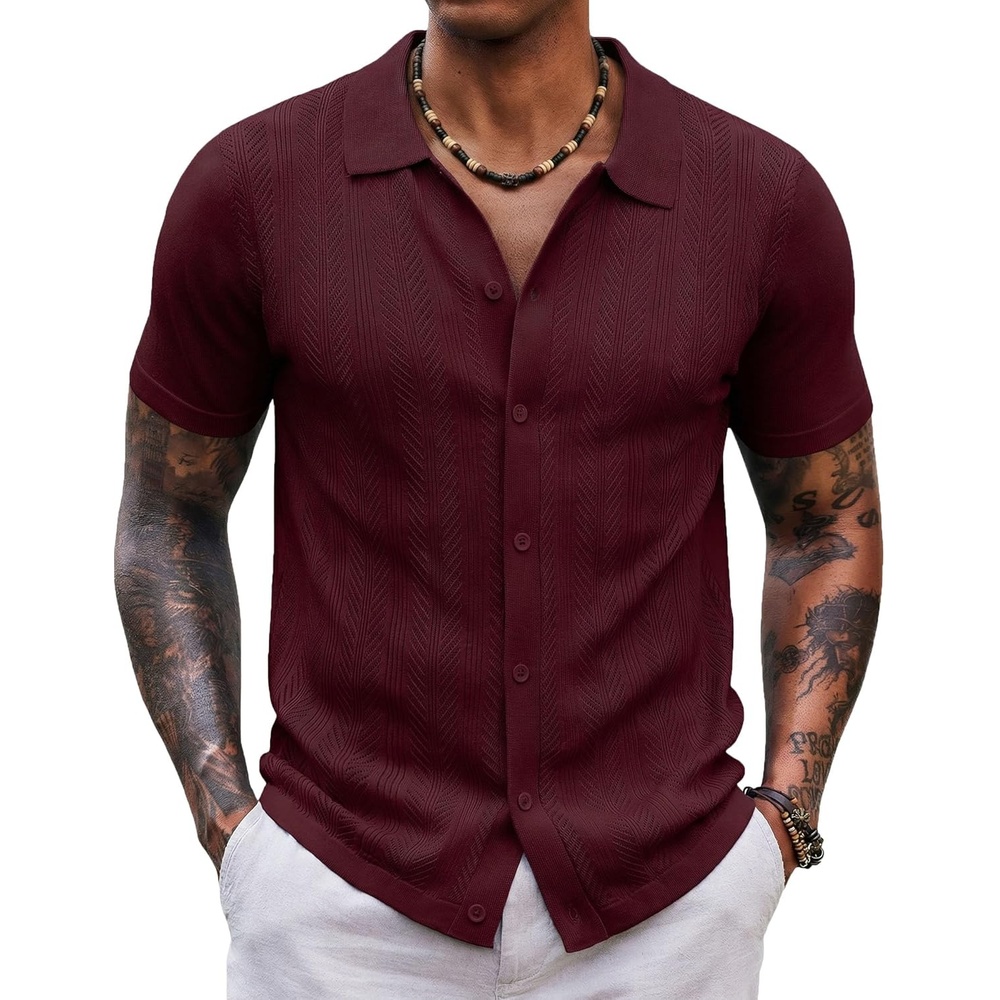 imageCOOFANDY Mens Knit Shirt Short Sleeve Button Down Shirts Vintage Casual Summer Beach ShirtsWine Red