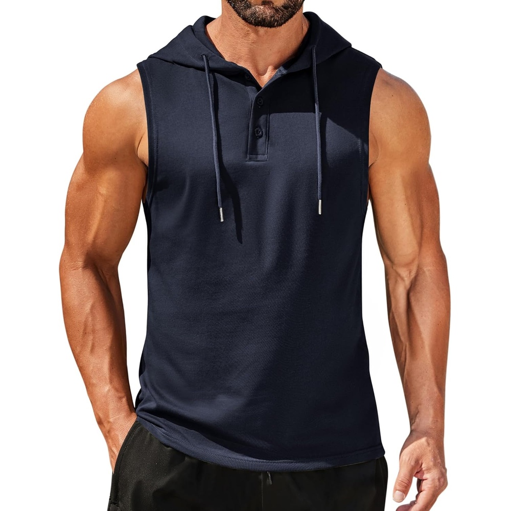 imageCOOFANDY Mens Workout Hooded Tank Tops Sleeveless Gym Hoodies Cotton Muscle Cut Off Shirt Bodybuilding Henley ShirtsNavy Blue