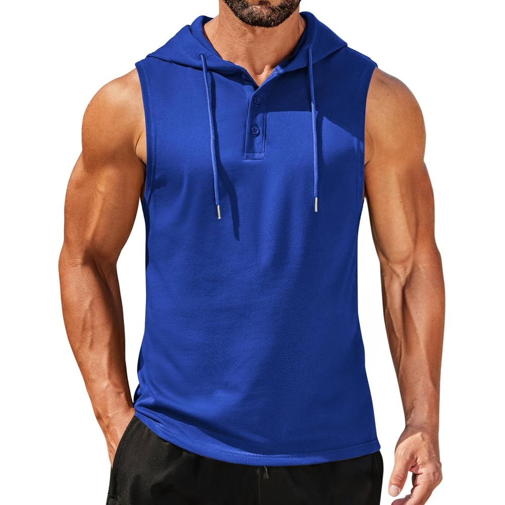 imageCOOFANDY Mens Workout Hooded Tank Tops Sleeveless Gym Hoodies Cotton Muscle Cut Off Shirt Bodybuilding Henley ShirtsRoyal Blue