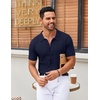 COOFANDY Men’s Knit Shirt Short Sleeve Button Down Shirts Vintage Casual Summer Beach Shirts(Navy Blue)