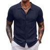 COOFANDY Men’s Knit Shirt Short Sleeve Button Down Shirts Vintage Casual Summer Beach Shirts(Navy Blue)