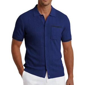COOFANDY Men’s Knit Button Down Shirt 2025 Vintage Short Sleeve Polo Shirt Casual Beach Tops(Blue)