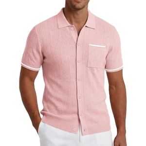 COOFANDY Men’s Knit Button Down Shirt 2025 Vintage Short Sleeve Polo Shirt Casual Beach Tops(Light Pink)