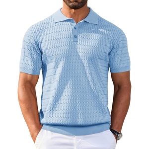 COOFANDY Mens Knit Polo Shirt Short Sleeve Vintage Textured Casual Golf Shirts Summer Beach Top(Light Blue)