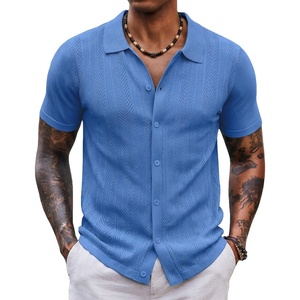 COOFANDY Men’s Knit Shirt Short Sleeve Button Down Shirts Vintage Casual Summer Beach Shirts(Blue)
