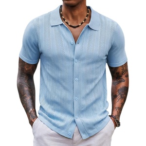 COOFANDY Men’s Knit Shirt Short Sleeve Button Down Shirts Vintage Casual Summer Beach Shirts(Light Blue)