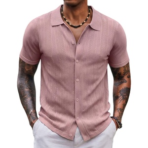 COOFANDY Men’s Knit Shirt Short Sleeve Button Down Shirts Vintage Casual Summer Beach Shirts(Pink)
