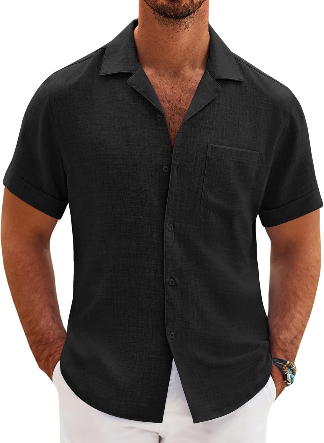 image:imageCOOFANDY Men Short Sleeve Button Down Shirts Summer Linen Textured Shirt Casual Beach Tops with PocketBlack