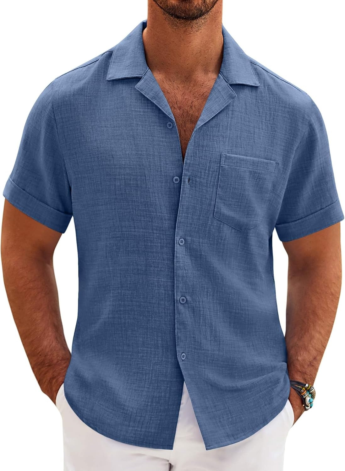 image:imageCOOFANDY Men Short Sleeve Button Down Shirts Summer Linen Textured Shirt Casual Beach Tops with PocketDenim Blue