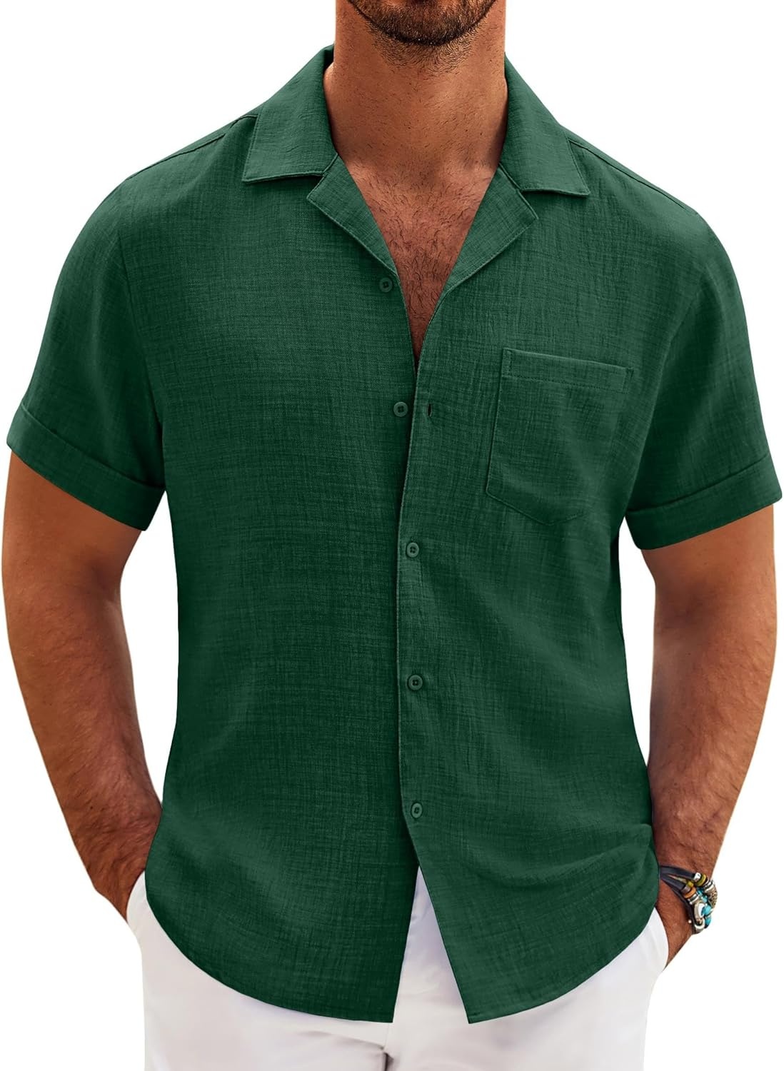 image:imageCOOFANDY Men Short Sleeve Button Down Shirts Summer Linen Textured Shirt Casual Beach Tops with PocketGreen