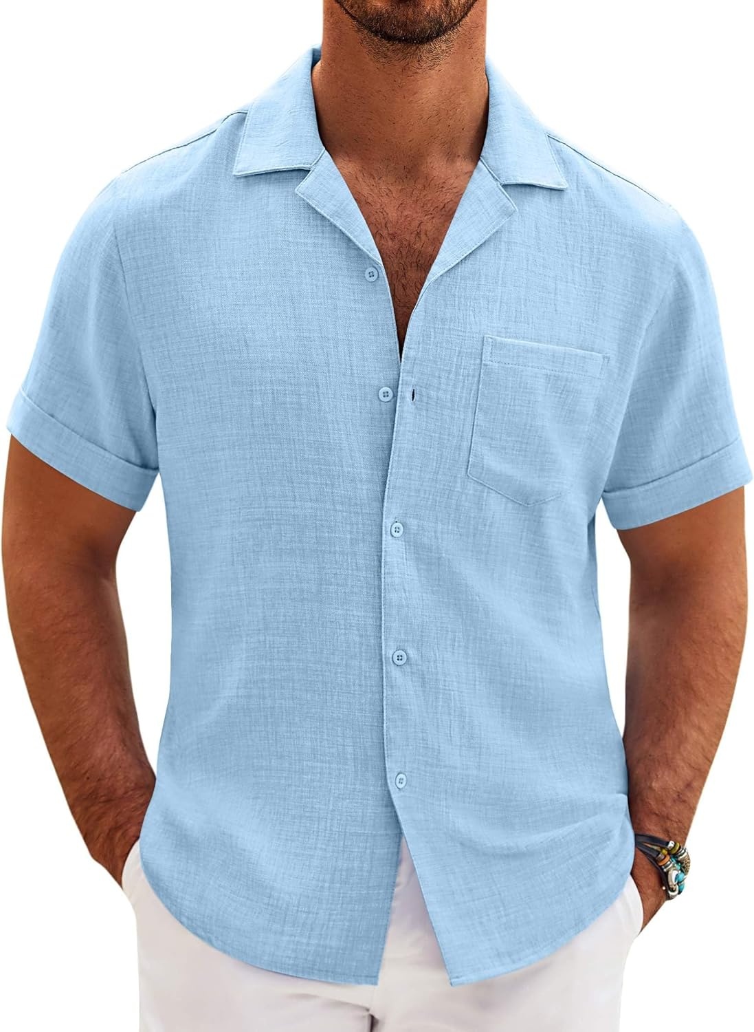 image:imageCOOFANDY Men Short Sleeve Button Down Shirts Summer Linen Textured Shirt Casual Beach Tops with PocketLight Blue
