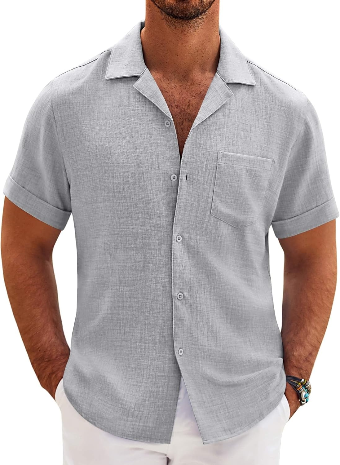 image:imageCOOFANDY Men Short Sleeve Button Down Shirts Summer Linen Textured Shirt Casual Beach Tops with PocketLight Gray