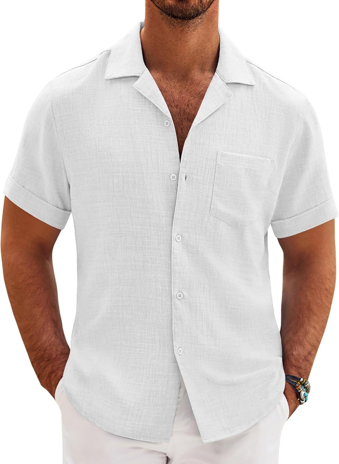 image:imageCOOFANDY Men Short Sleeve Button Down Shirts Summer Linen Textured Shirt Casual Beach Tops with PocketWhite