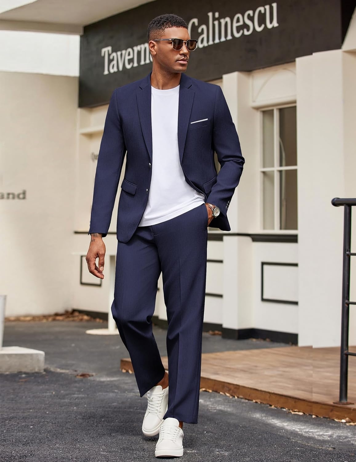 imageCOOFANDY Mens Suits 2 Piece Classic Fit Casual Suits Sets 2 Button Blazer Jacket and Dress Pants for Wedding Business Prom Navy Blue