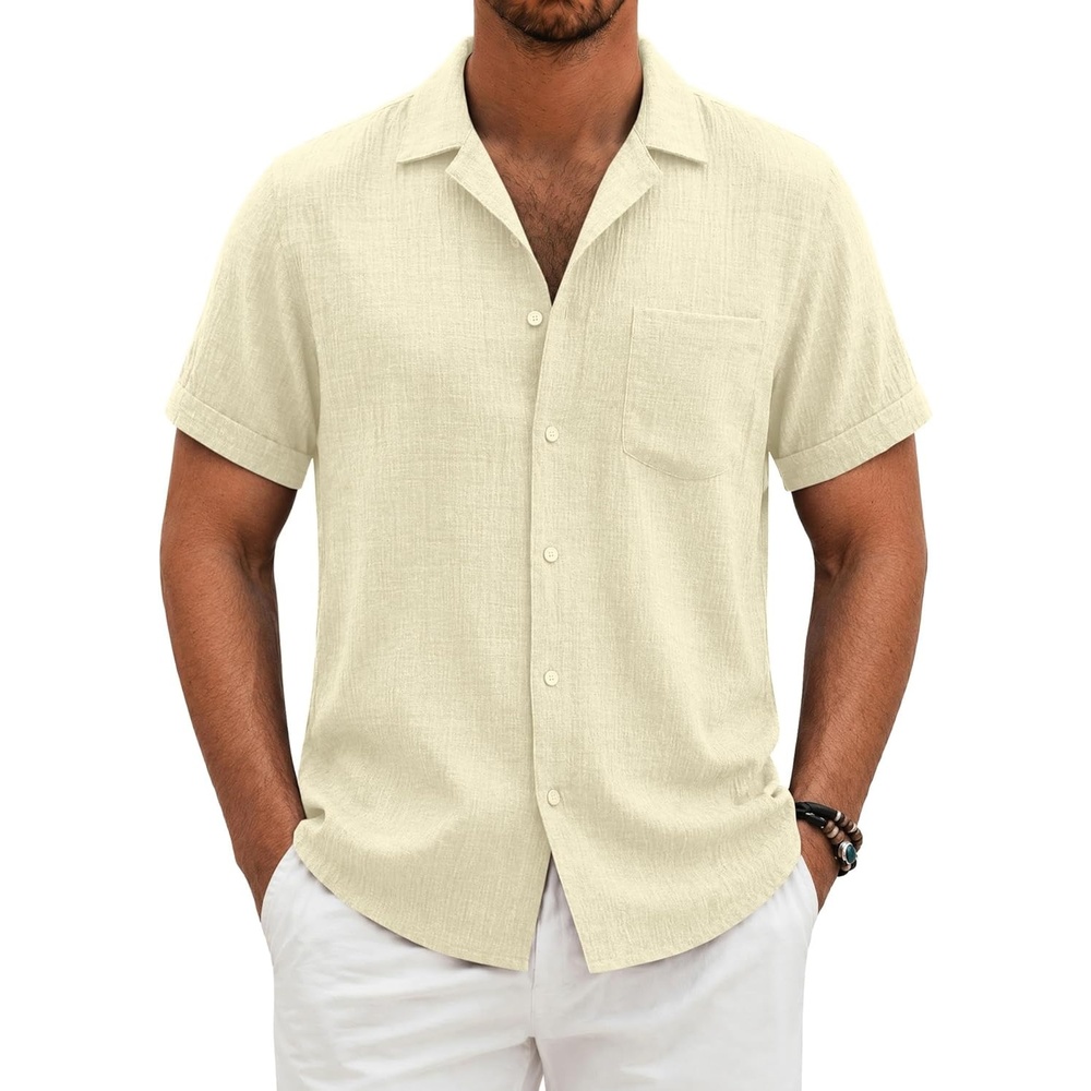 image:imageCOOFANDY Men Short Sleeve Button Down Shirts Summer Linen Textured Shirt Casual Beach Tops with PocketBeige