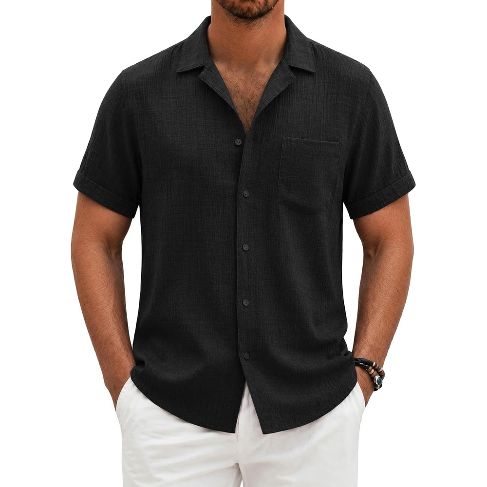 image:imageCOOFANDY Men Short Sleeve Button Down Shirts Summer Linen Textured Shirt Casual Beach Tops with PocketBlack