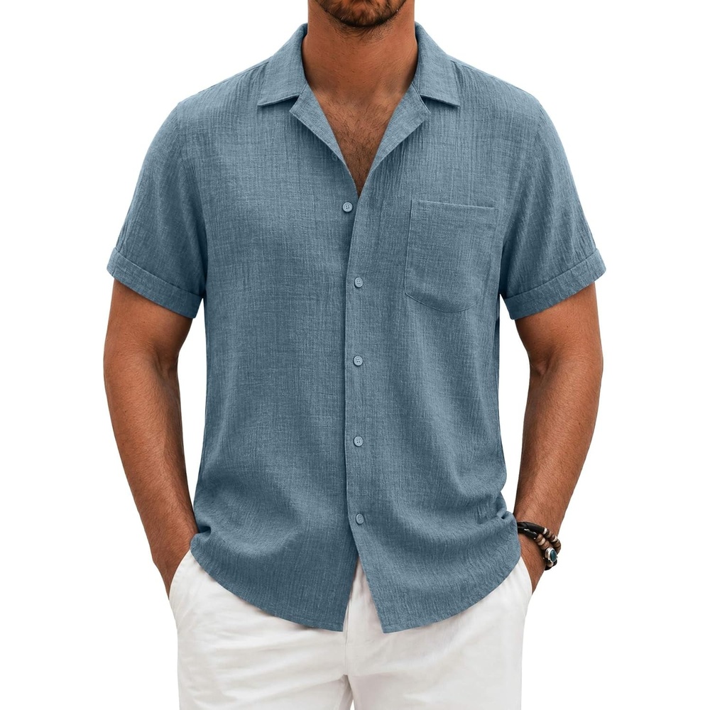 image:imageCOOFANDY Men Short Sleeve Button Down Shirts Summer Linen Textured Shirt Casual Beach Tops with PocketDark Blue