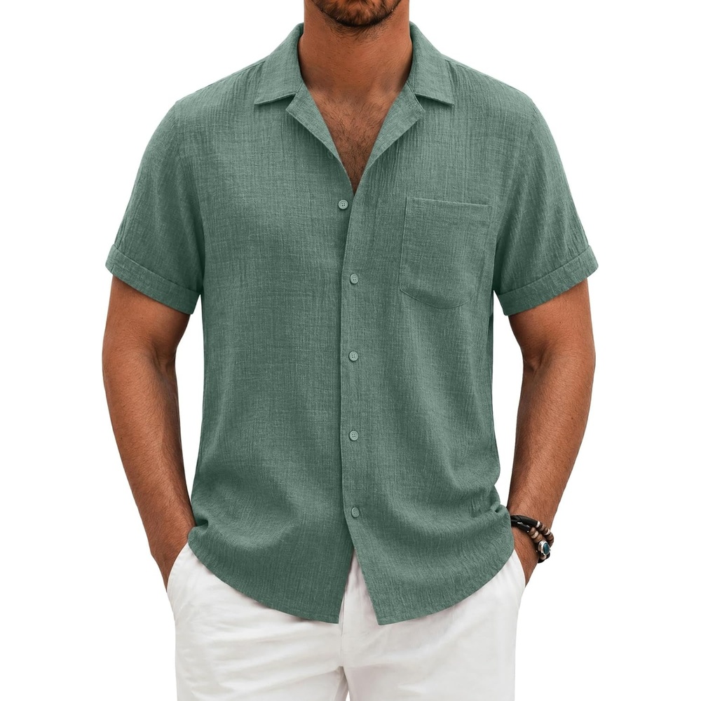 image:imageCOOFANDY Men Short Sleeve Button Down Shirts Summer Linen Textured Shirt Casual Beach Tops with PocketGrey Green