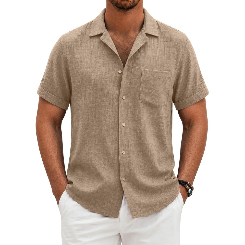 image:imageCOOFANDY Men Short Sleeve Button Down Shirts Summer Linen Textured Shirt Casual Beach Tops with PocketKhaki