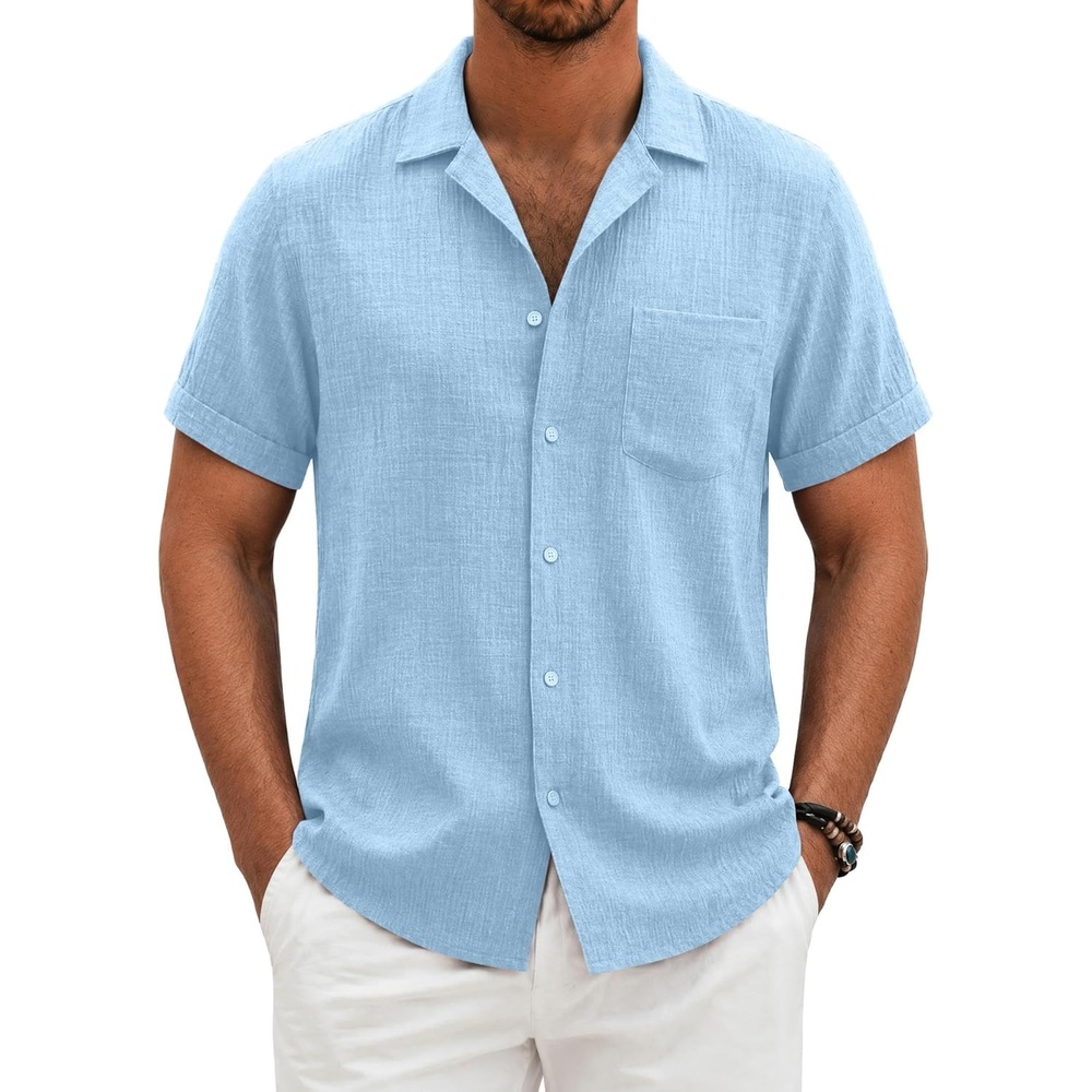 image:imageCOOFANDY Men Short Sleeve Button Down Shirts Summer Linen Textured Shirt Casual Beach Tops with PocketLight Blue