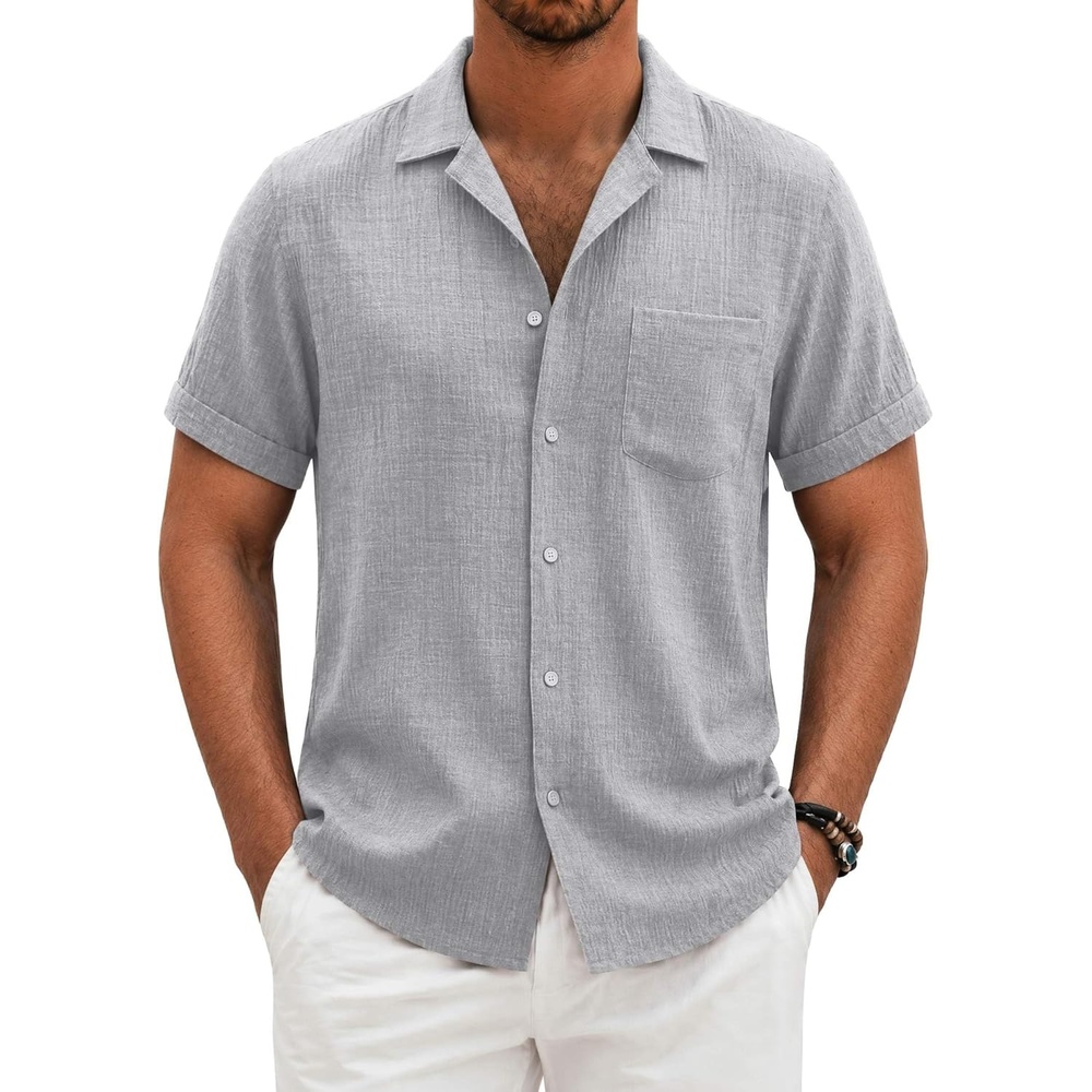 image:imageCOOFANDY Men Short Sleeve Button Down Shirts Summer Linen Textured Shirt Casual Beach Tops with PocketLight Gray