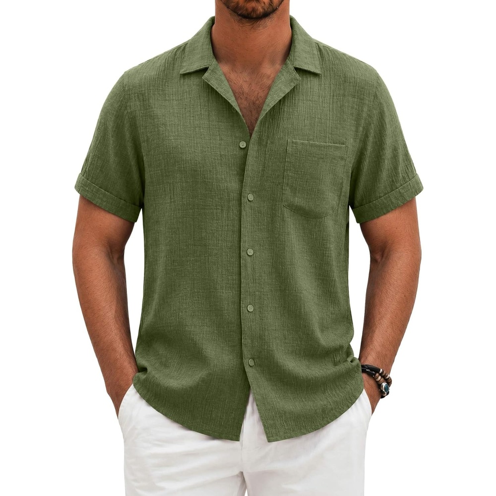 image:imageCOOFANDY Men Short Sleeve Button Down Shirts Summer Linen Textured Shirt Casual Beach Tops with PocketOlive Green